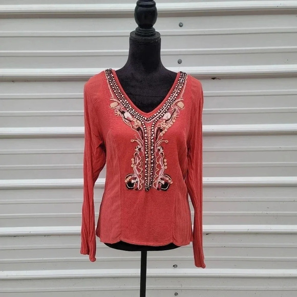 Sixes & Sevens Coral Orange Pink Beaded Embroidered Blouse Viscose Top V-Neck M - Picture 1 of 10